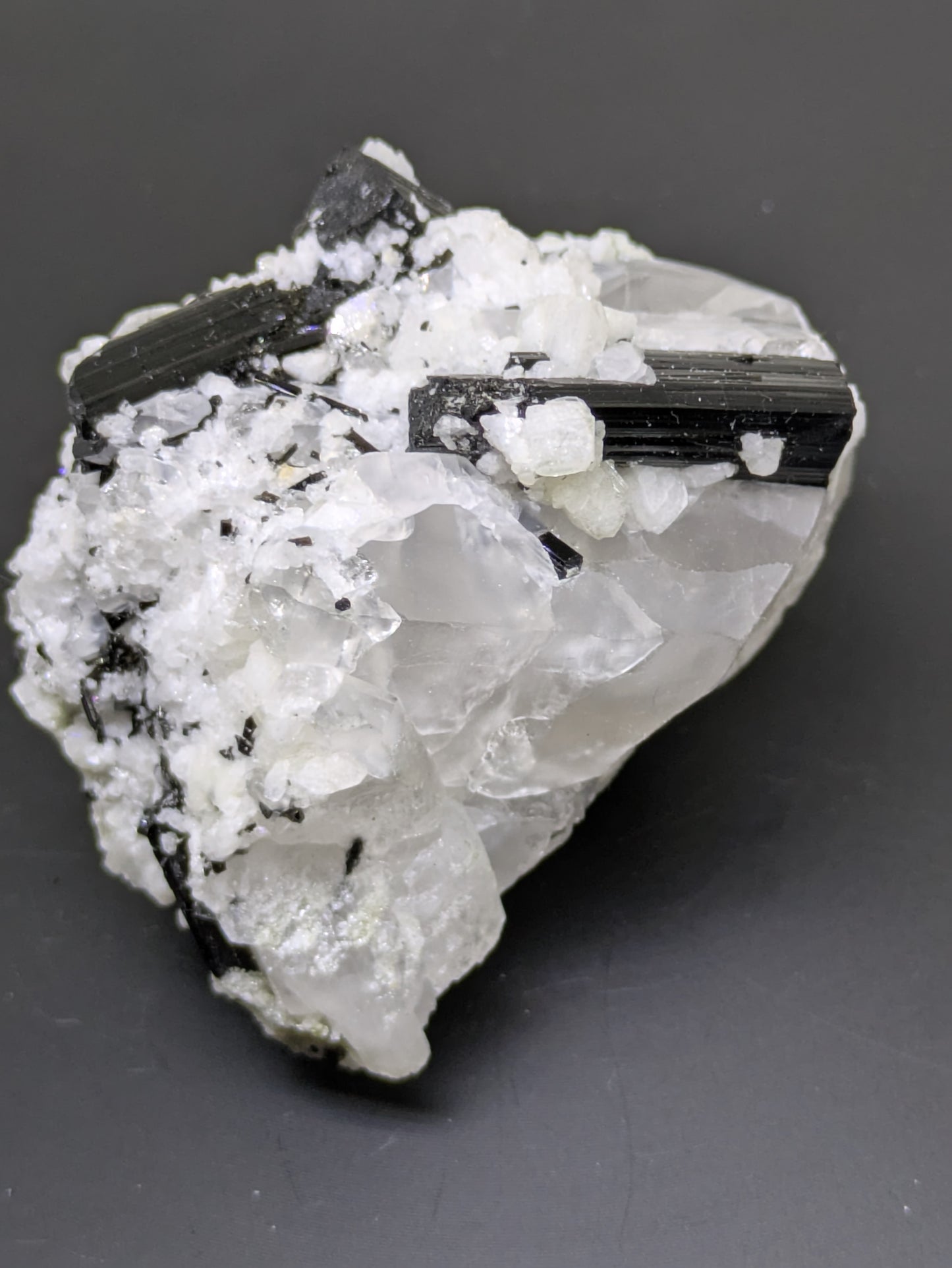 Black Tourmaline and Calcite on Quartz
