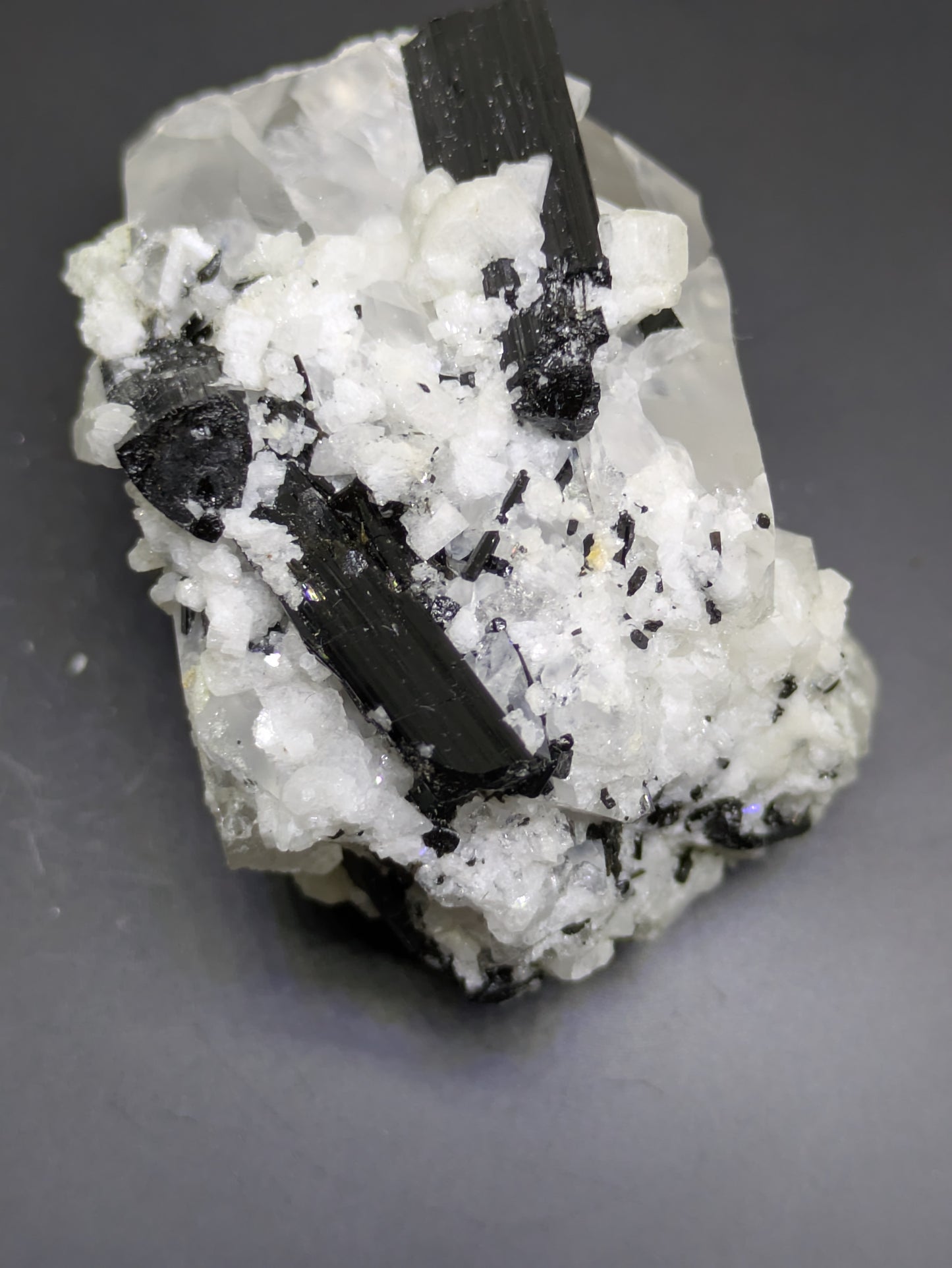 Black Tourmaline and Calcite on Quartz