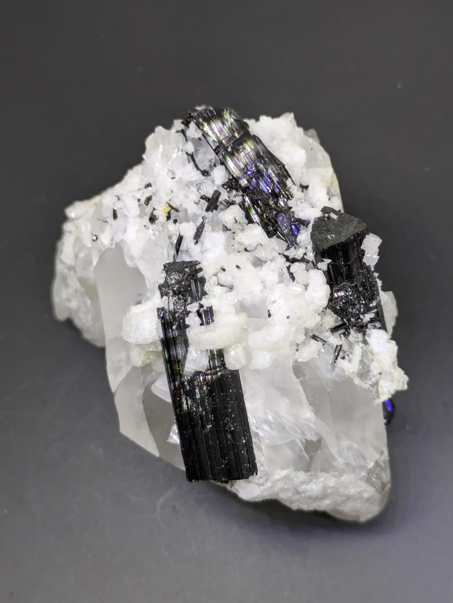 Black Tourmaline and Calcite on Quartz