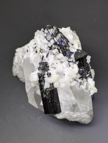 Black Tourmaline and Calcite on Quartz