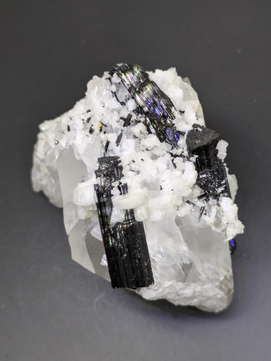 Black Tourmaline and Calcite on Quartz