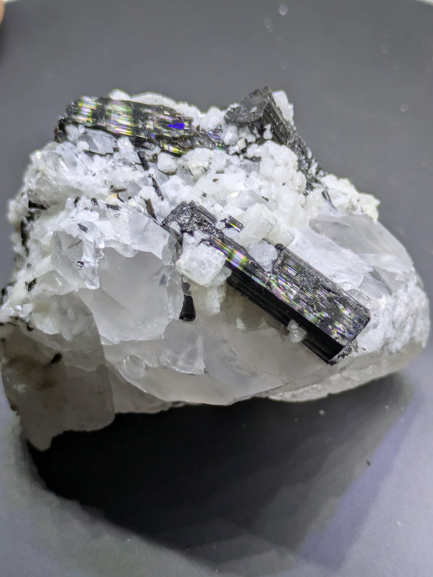 Black Tourmaline and Calcite on Quartz