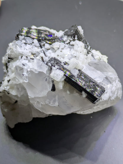 Black Tourmaline and Calcite on Quartz